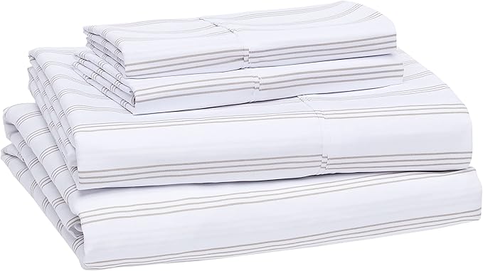 Amazon Basics Lightweight Super Soft Easy Care Microfiber 4 Piece Bed Sheet Set with 14-Inch Deep Pockets, Queen, Taupe Stripe, Striped AmazonBasics