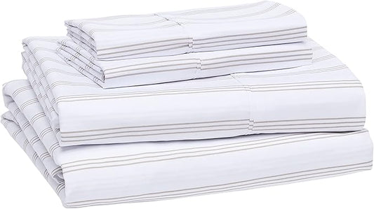 Amazon Basics Lightweight Super Soft Easy Care Microfiber 4 Piece Bed Sheet Set with 14-Inch Deep Pockets, Queen, Taupe Stripe, Striped AmazonBasics