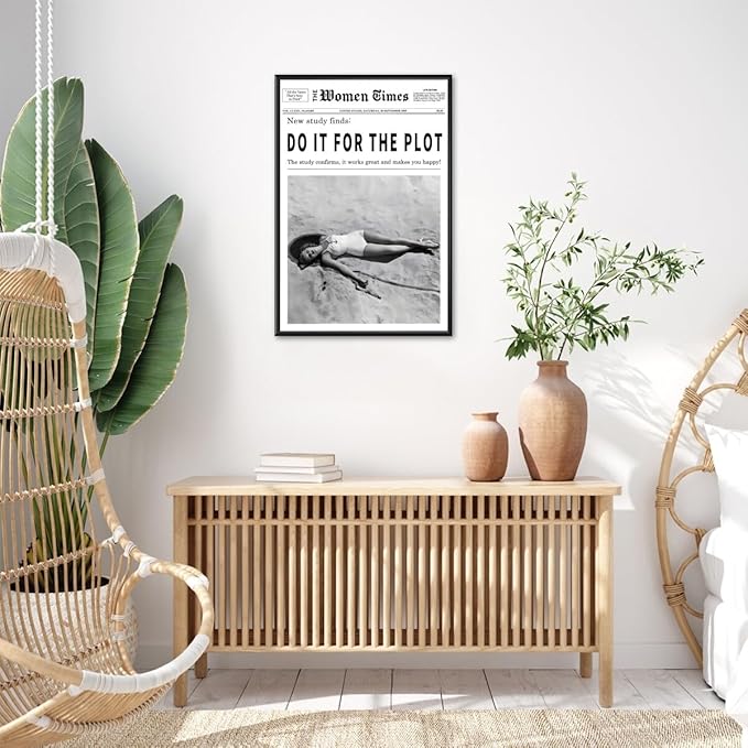 Vintage Women Times Do It for The Plot Wall Art Trendy Black and White Canvas Print Poster Vintage Woman Times Newspaper Prints Beachy Hot Girl Wall Decor for Bar Cart Girls Dorm Bedroom 12x16inch black framed