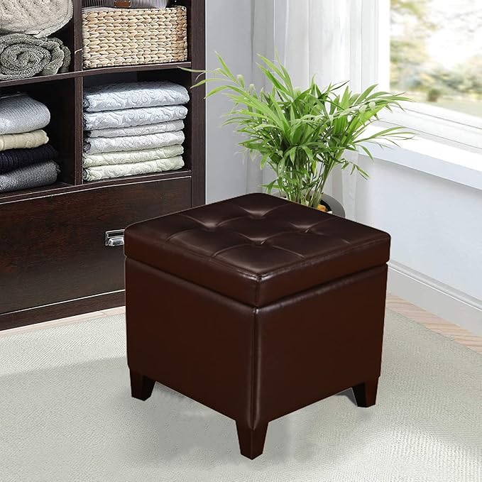 Tufted Leather Square Storage Ottoman, Lift Top Cube Footstool with Hinged Lid Footrest with Wood Legs (Brown)