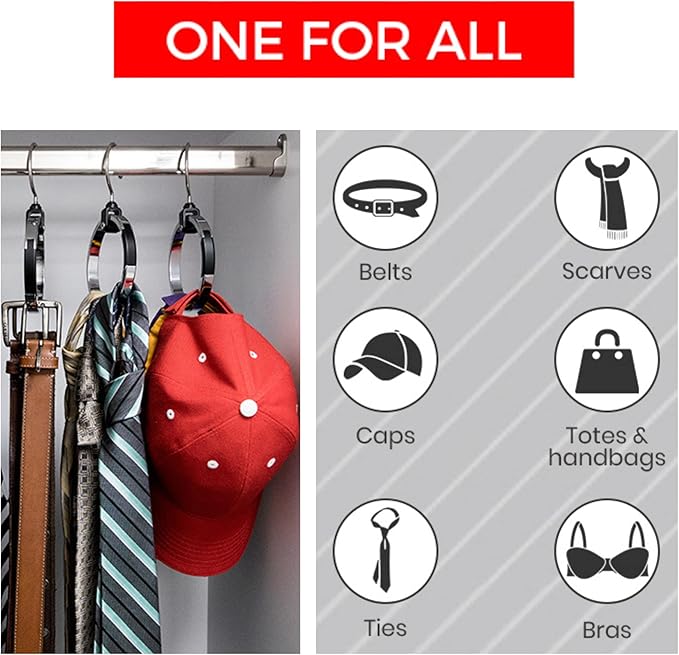Multipurpose Closet Hangers- Tie and Belt Hanger for Closet- Great Space Saving Belt Organizer for Wardrobe - Ideal for Storing Belts, Ties, Scarfs, Baseball Hats, Purses & More- 3 Pack