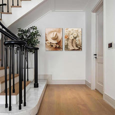 Floral Cowgirl Boots Canvas Wall Art Set of 2, Cowboy Hat with Flower Wall Decor Paintings, Trendy Preppy Western Aesthetic Prints Pictures, for Girls Bedroom Living Room Dorm 16x24 inch Framed