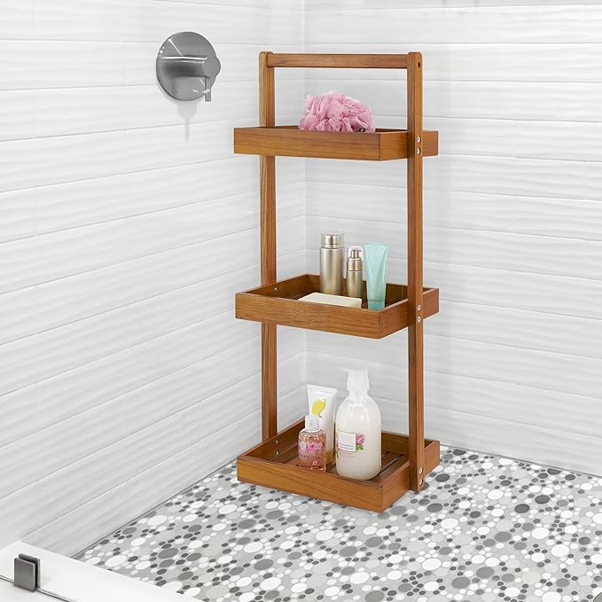 Utoplike Teak Shower Caddy Corner, 3 Tier Standing Shower Organizer Shelf with Handle, Wood Bathroom Stand Up Caddy Basket for Shampoo, Rack for Inside Shower, Bath, Office, Kitchen Desktop