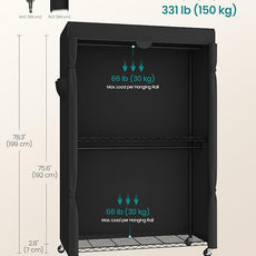 SONGMICS Heavy-Duty Rolling Clothes Rack, Garment Rack, Portable Closet, 43.3-Inch Wide Clothing Rack on Wheels, with Adjustable Mesh Shelves and Hanging Rails, Fabric Cover, Ink Black ULGR415B01