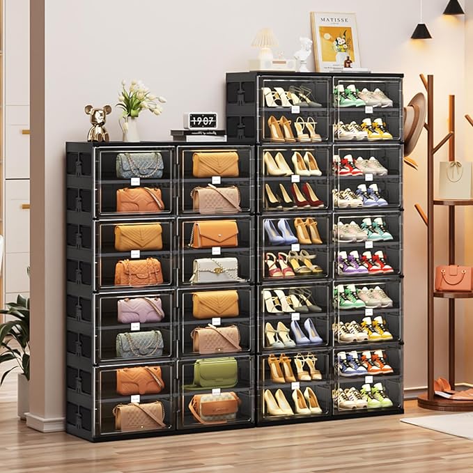 JEKO&JEKO 8 Tiers Foldable Shoe Rack Organizer Cabinet for Closet Entryway, Large Collapsible Shoe Storage Box with Magnetic Doors (Black)