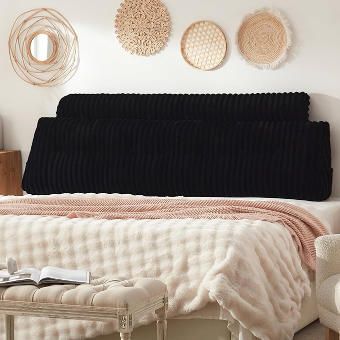 Headboard Pillow + A Long Neck Roll Pillow Body Pillow，Faux Fur Headboard Wedge Pillow with Removable Cover (Black, King：76x8x20 inches)