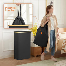 Lifewit 75L Slim Laundry Hamper with Lid, Narrow Laundry Basket with Removable Bag & Bamboo Handles, Fodable Thin Dirty Clothes Hamper for Laundry Collapsible Bin for Bathroom Bedroom Dorm, Black
