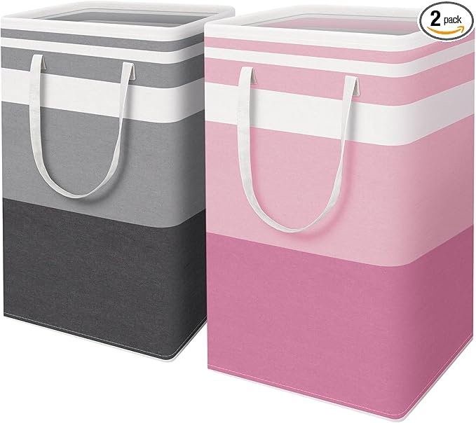 HomeHacks 2 Pack Large Laundry Baskets, Waterproof, Freestanding Laundry Hampers, Collapsible Clothes Hamper with Reinforced Handles in Laundry, College Dorm, Bathroom, Bedroom (Grey+Pink, 88Lx2)