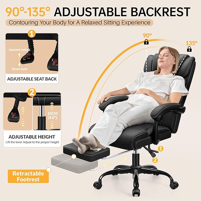 Office Chair, Executive Big and Tall Leather Desk Chairs with Footrest, Ergonomic Breathable Computer Chair with Adjustable High Back, Lumbar Support Swivel PC Chairs with Rocking Function