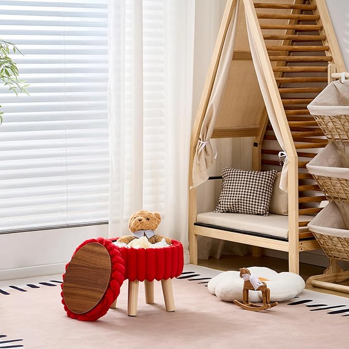 Wimarsbon Storage Ottoman,Soft Faux Fur Footstool with Padded Seat, Small Reading Vanity Chair, Footrest with Wood Tray for Couch, Mini Coffee Table or Display Stand (Red, Round Storage)