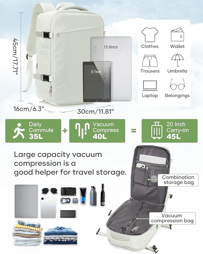 suwasp Vacuum Travel Backpack with Electric Vacpack Pump for Women, 40L Expandable Vacuum Compression Bags Personal Item Backpack Flight Approved Vacuum Seal Backpack for Traveling, White