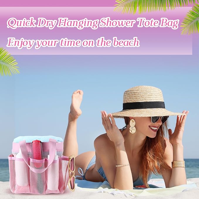 Hillban 4 Pcs Mesh Shower Caddy Portable Large Quick Dry Shower Caddy Basket with Deeper 8 Pockets and 2 Handles Hanging Bag for College Dorm Room(Pink)