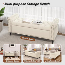 65 Inch Bedroom Bench, End of Bed Bench with Storage, Bed Benches for Foot of Bed, Faux Leather Window Bench with Tufted Button and Nailhead Trim, Upholstered Storage Bench, Rolled Arms, Cream White