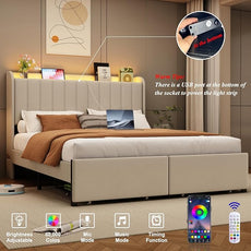 Queen Size Bed Frames with Storage Headboard and 2 Drawers, Upholstered Platform Bed Frame Queen with Led Lights and Handy Charging Station, No Box Spring Needed, Easy Assembly, Noise Free, Beige