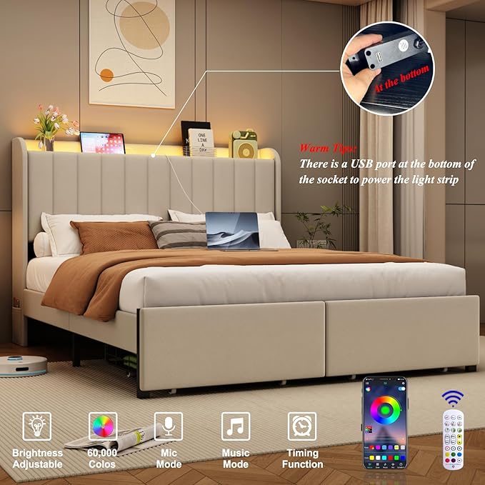 Full Size Bed Frames with Storage Headboard and 2 Drawers, Upholstered Platform Bed Frame Full with Led Lights and Handy Charging Station, No Box Spring Needed, Easy Assembly, Noise Free, Beige