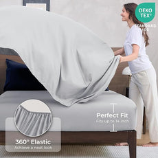 HEVUMYI Queen Comforter Set - 7-Piece All Season Bed in a Bag Queen, Ultra Soft Bedding Set with Comforter, Flat Sheet, Fitted Sheet, Pillowcases, Pillow Shams, Navy Blue & Light Grey