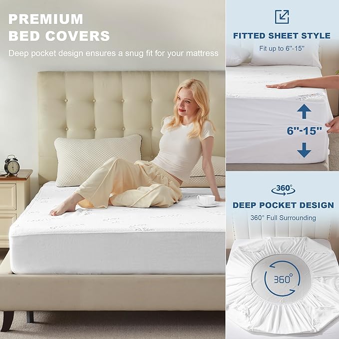 BEDLORE Twin Size Waterproof Mattress Protector Viscose Derived from Bamboo, Soft Mattress Cover Fitted with Deep Pocket 6"-15", Breathable Noiseless Mattress Pad, Machine Washable(White)