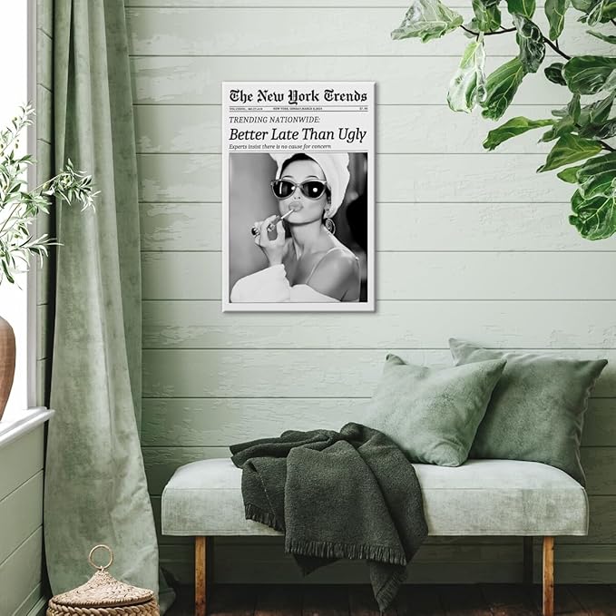 New York Trends Wall Art Black and White Newspaper Better Late Than Ugly Poster Canvas Prints Funky Feminist Posters Trendy College Wall Decor for Bar Cart Girl Dorm Room Bathroom Decorative 16x24inch Framed