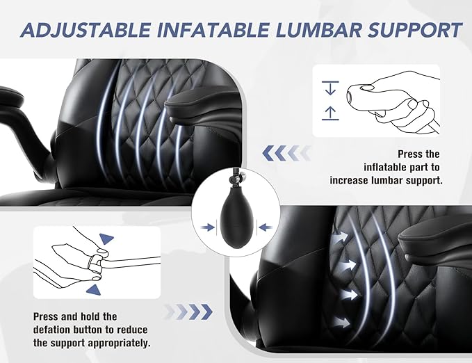 Office Chair with Adjustable Inflatable Lumbar Support,Leather Ergonomic Computer Desk Chair with Flip-up Arms,Adjustable Tilt Lock,Swivel Rolling Executive PC Chair for Work,Study,Meeting.Black