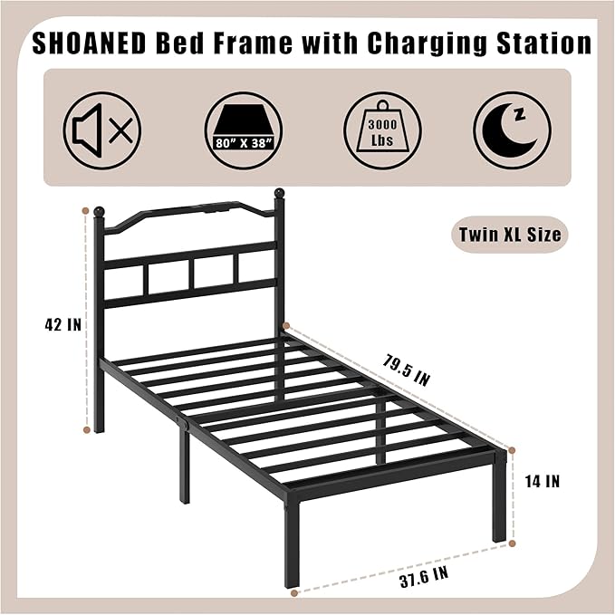 Metal Bed Frame with Headboard - 14 Inch Twin XL Size Heavy Duty Bedframe with Charging Station Black Basic Steel Slats Platform No Box Spring Needed/Noise Free