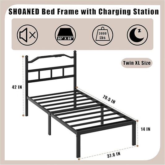 Metal Bed Frame with Headboard - 14 Inch Twin XL Size Heavy Duty Bedframe with Charging Station Black Basic Steel Slats Platform No Box Spring Needed/Noise Free