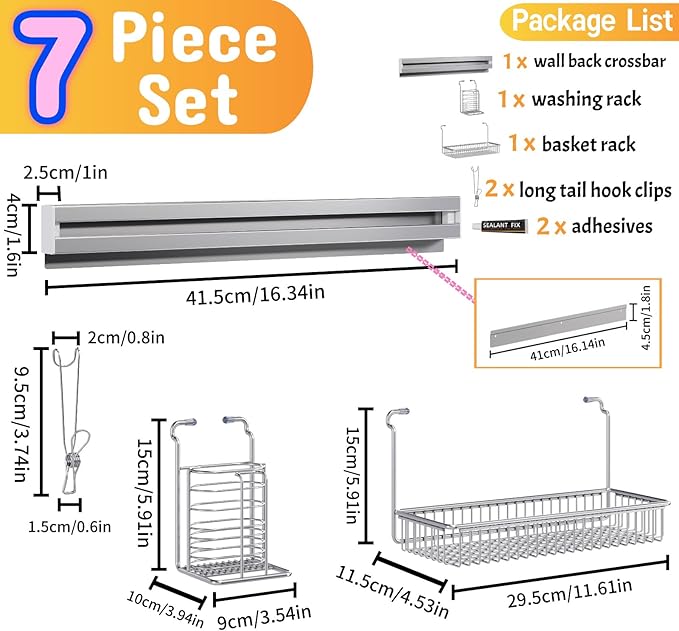 MINGLING Stainless Steel Shower Caddy, 41 cm Wall Back Crossbar Rustproof Shelves with 2 Long Tail Hook Clip, Large Capacity Bathroom Organizers and Storage