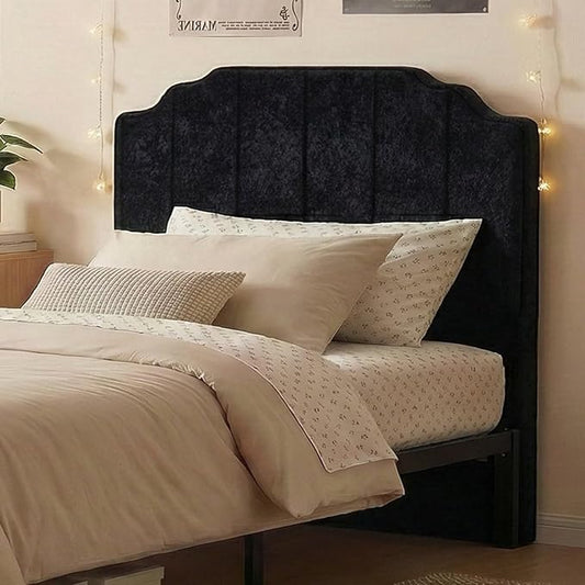 Twin Headboard Only - Black Velvet Upholstered Headboard for College Dorm, No Assembly Required, Pure Sponge Design, Place Between Bed & Wall, Vertical Stripe with Stepped Crown Top Edge