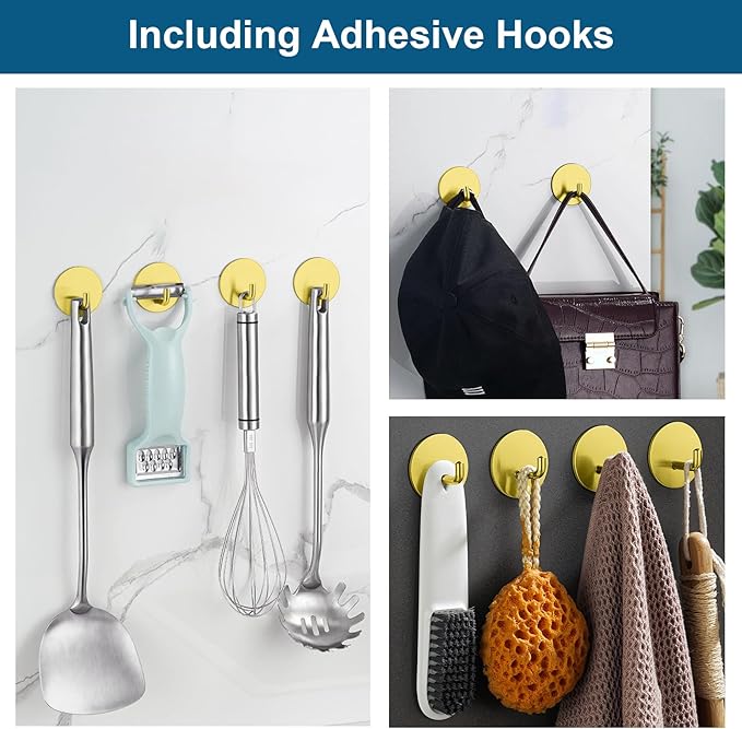 Diesisa Razor Holder for Shower + Adhesive Wall Hooks, Premium 304 Stainless Steel Shower Razor Holder with Heavy Duty Waterproof Sticky Hooks for Hanging Towels, Coat, hat (2+2 Pack)-Gold