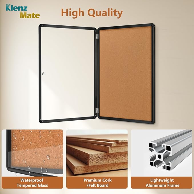 36"x24" Enclosed Cork Bulletin Board Tamper-Proof Dispaly Case,Brown Fabric&Black Aluminium Frame,Shatter Resistant Lockable Bulletin Board with Clear Acrylic Door for School,Office,Community,Hospital