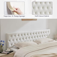 Kingfun Tufted Upholstered Queen Size Bed Headboard in Modern Button Design, Adjustable Solid Wood Head Board, Premium Velvet Fabric Padded Headboards in Bedroom (White)