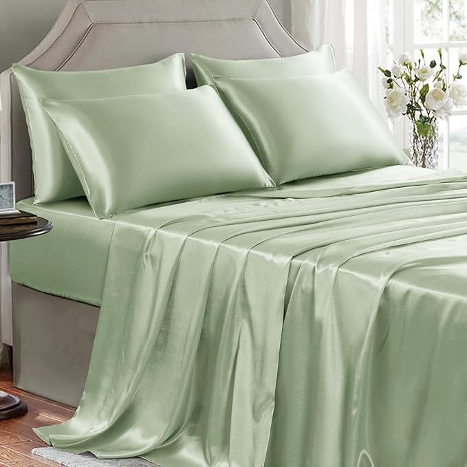 Satin Sheets Queen Size - 6 Pieces Luxury Silky Soft Bed Sheets, Wrinkle-Free Sage Green Satin Silk Sheet Set with 1 Deep Pocket Fitted Sheet, 1 Flat Sheet, 4 Pillow Cases