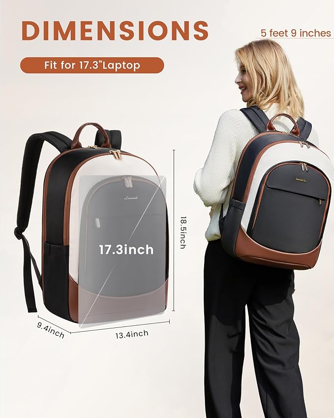 LOVEVOOK 17.3 Inch Laptop Backpack for Women - Work/Business Computer Backpack Purse, Large Capacity Casual Daypack, Travel Bag for Lawyer, Doctor, Teacher, Cream Chestnut Brown
