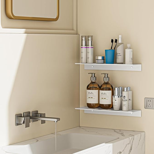 2-Piece White Metal Floating Shelves - Aluminum Alloy Wall Mounted Shelf No Drilling, Rust-Proof, 15.7" Width for Home Decor & Storage in Living Room, Bedroom, Bathroom