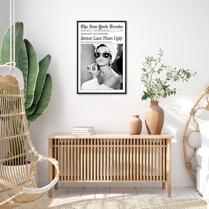 New York Trends Wall Art Black and White Newspaper Better Late Than Ugly Poster Canvas Prints Funky Feminist Posters Trendy College Wall Decor for Bar Cart Girl Dorm Room Bathroom Decorative 24x36inch black framed