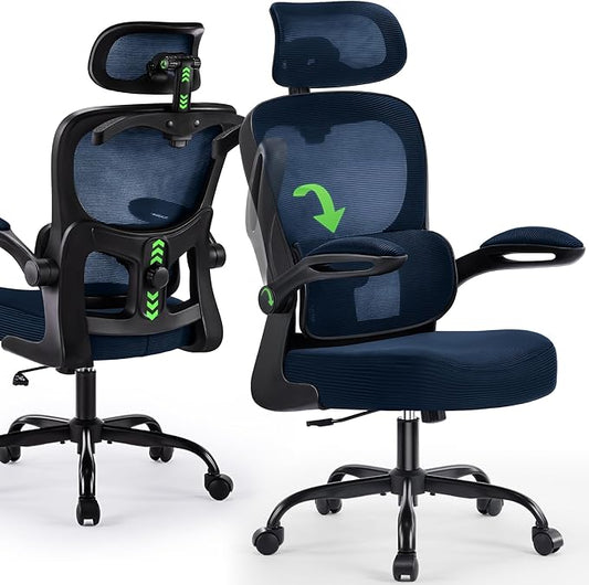 Office Chair Ergonomic Desk Chairs with Adjustable Lumbar Support& Headrest Hanger, High Back Breathable Mesh Chair with Wheels, Rolling Swivel Comfy Task Computer Chair for Home Work Gaming