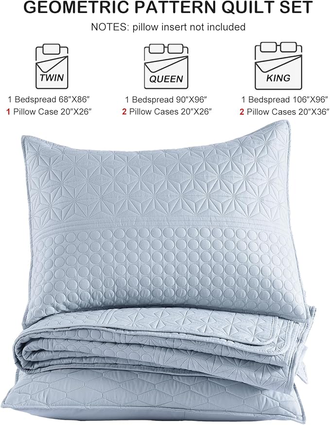 HORIMOTE HOME Light Blue King Size Quilt Set - Soft Microfiber Bedspread with 2 Shams, Lightweight & All-Season Geometric Coverlet for Cozy Bedding