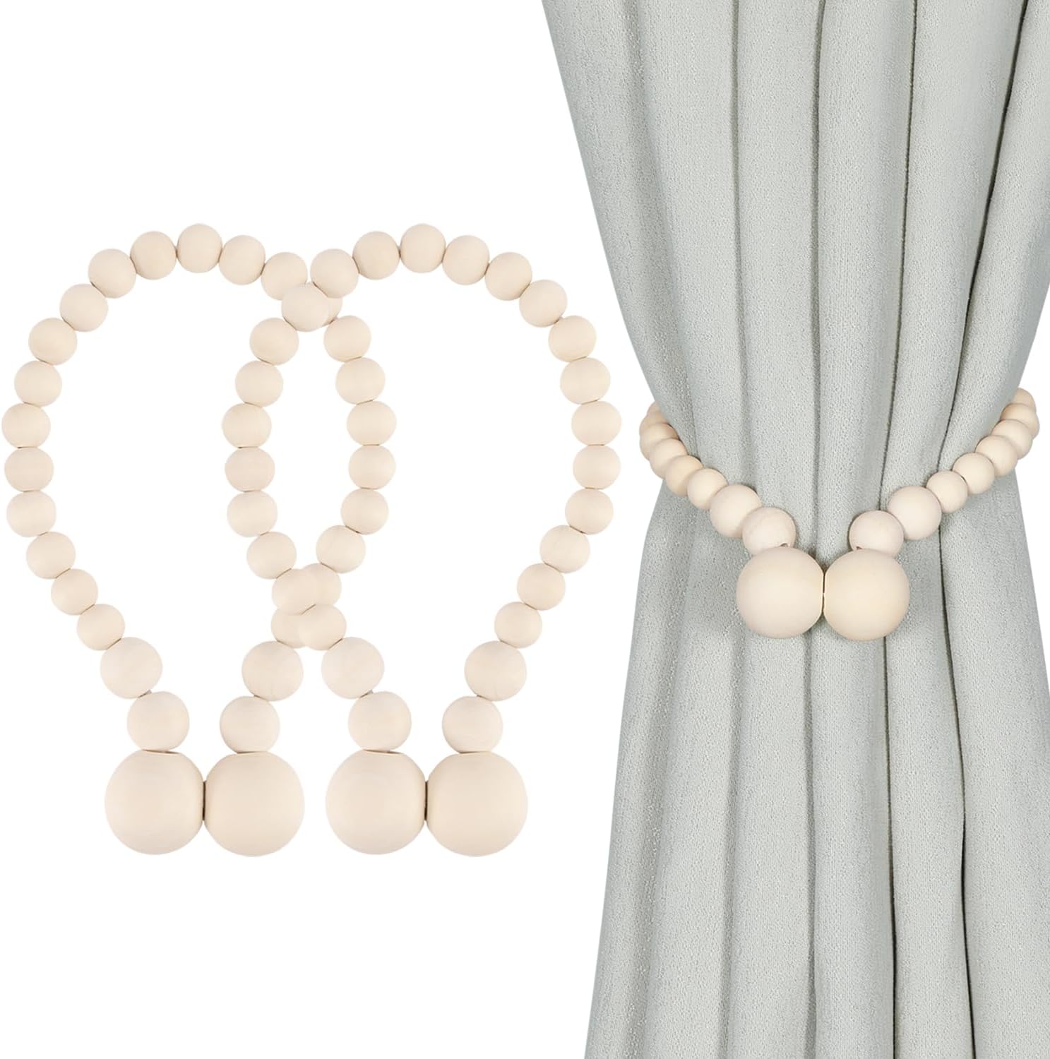 KLOGTSIND Magnetic Curtain Tiebacks, Curtain Tie Backs for Curtains 4 Pack, Wood Bead Curtain Tiebacks, Curtain Holders for Boho Bedroom Decor, Baby Nursery Decor, Farmhouse Decor Dormly