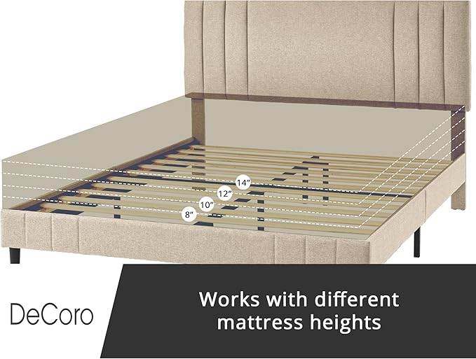 Decoro Chicago Modern Tufted Upholstered Platform King Size Bed Frame, Linen