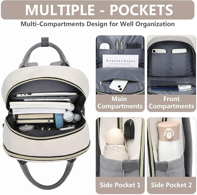 Laptop Backpack Women Work Bag - Travel Backpack Purse with USB Charger 15.6 Inch Nurse Bag College Teacher Business Backpack Waterproof Laptop Bag Beige Grey