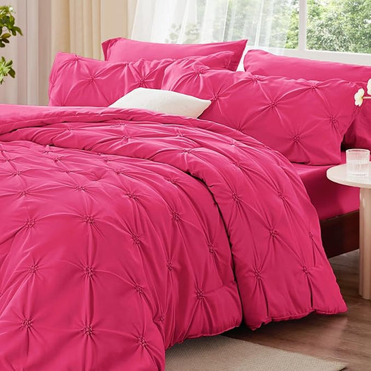 BEDELITE Hot Pink Queen Comforter Set - 3 Pieces Boho Pintuck Bedding Comforter Sets, Lightweight Soft & Warm Bed Comforter Queen with 2 Pillowcases for All Season