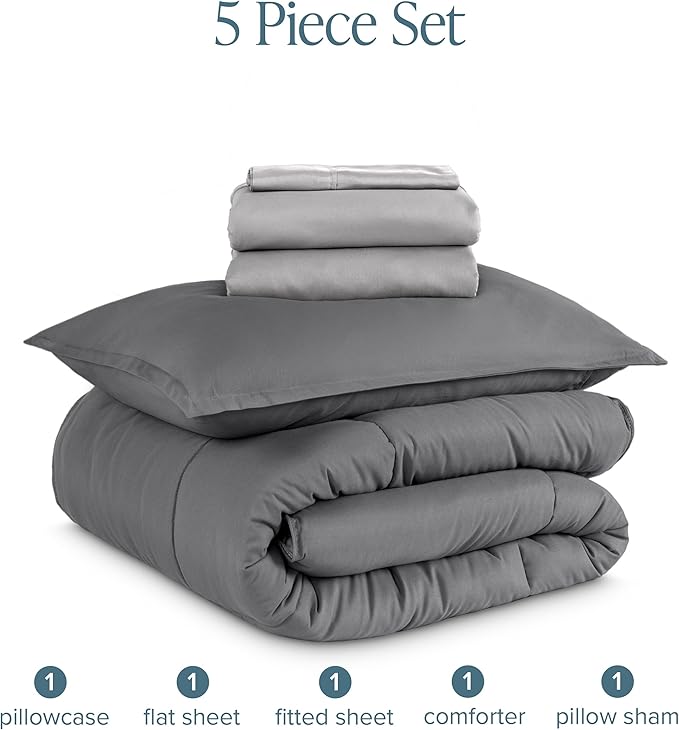 Bare Home Bed-in-A-Bag 5 Piece Comforter & Sheet Set - Twin XL - Goose Down Alternative - Ultra-Soft 1800 Premium Bedding Set (Twin XL, Grey/Light Grey)
