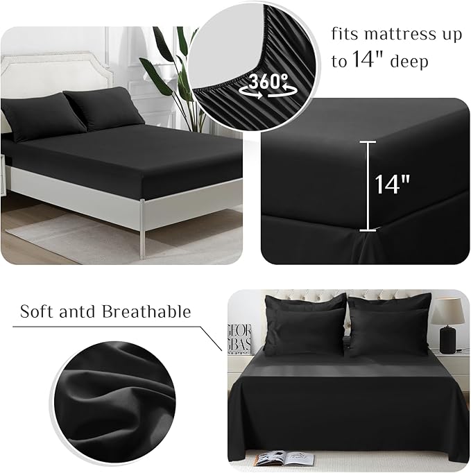 JOLLYVOGUE Queen Comforter Set, Ultra-Soft Bed in a Bag Queen Size 7 Pieces, Oeko-TEX Certified Bedding Set with Down Alternative Comforter, Sheets, Pillowcases & Shams, Black