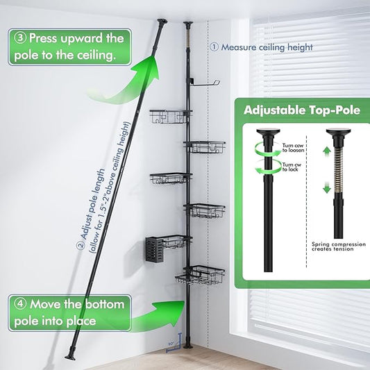 Shower Caddy Corner Organizer Tension Pole Adjustable 30-120 Inches Corner Shelf with Towel Rack, Toothbrush Holder, Soap Dish for Bathroom Organizers and Storage