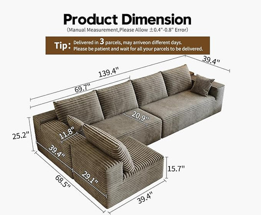 139.4" Modular Sectional Sofa, L-Shaped Minimalist Couches with Middle Seat Chaise, Modern Deep Seat Convertible Sleeper Sofa,Cloud Plush Corduroy Fabric, No Assembly Required, 5 Seater, Camel