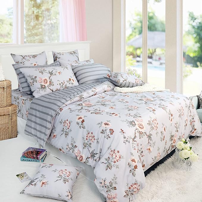 FADFAY Duvet Cover Set Queen Elegant Floral Bedding Shabby Grey Bird Print Flower Quilt Cover Set Vintage Farmhouse Bedding 100% Cotton Soft Comforter Cover Set with Zipper Closure 3Pcs, Queen Size