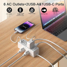20Ft Extension Cord Flat Plug Power Strip - Tcstei 3-Side Outlet Extender with 6 AC Outlets and 3 USB Ports (1 USB C), Compact for Home, Office, Dorm Room Essentials, White