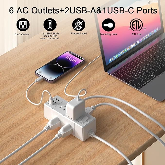 10Ft Extension Cord Flat Plug Power Strip - Tcstei 3-Side Outlet Extender with 6 AC Outlets and 3 USB Ports (1 USB C), Compact for Home, Office, Dorm Room Essentials, White