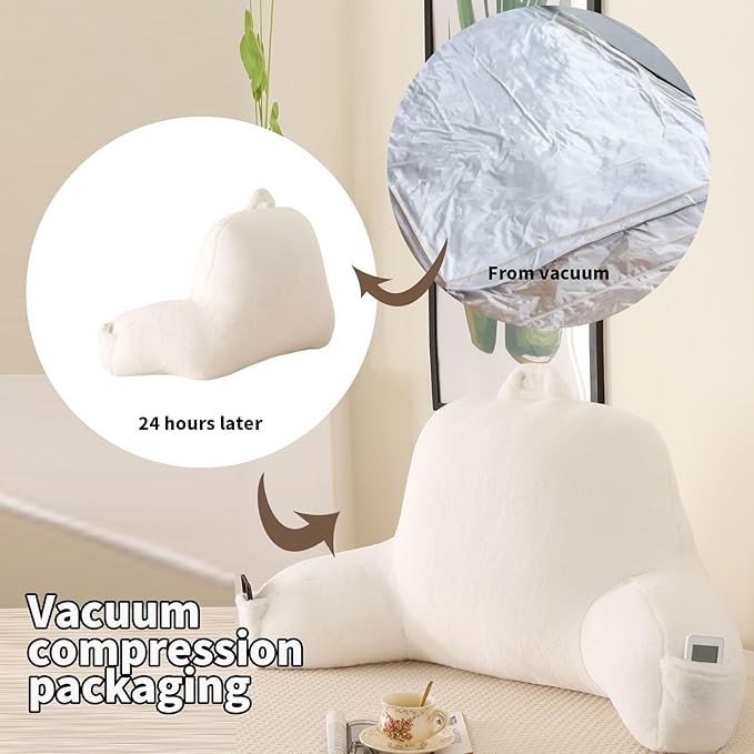 Reading Pillow for Sitting in Bed, Large Backrest Reading Pillow with Arm Rest,Back-Rest Support Cushion for Sit Up on Couch, Sofa, and Floor, Dorm Essentials (White Faux Fur, Standard(17"))