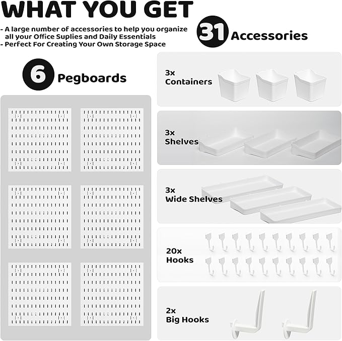 Mo0yuu'life LeDeGine Pegboard Combination Kit, Wall Hanging Organizer, for Bedroom, Bathroom, Kitchen, Office to Storage, Organization, Decorative Display (6 boards and 31 Accessories)