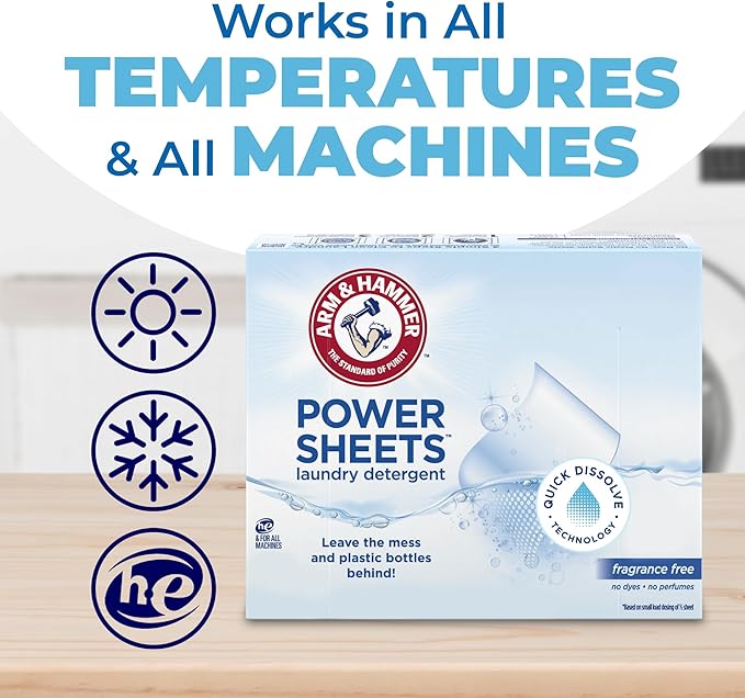 ARM & HAMMER 5-in-1 Power Sheets Laundry Detergent, Free & Clear, 50 Count, up to 100 Small Loads